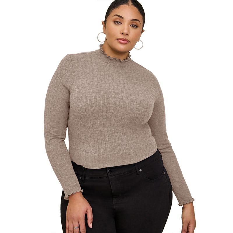 Beige ribbed knit long-sleeve slim fit top for women with ruffled high neckline and cuffs.
