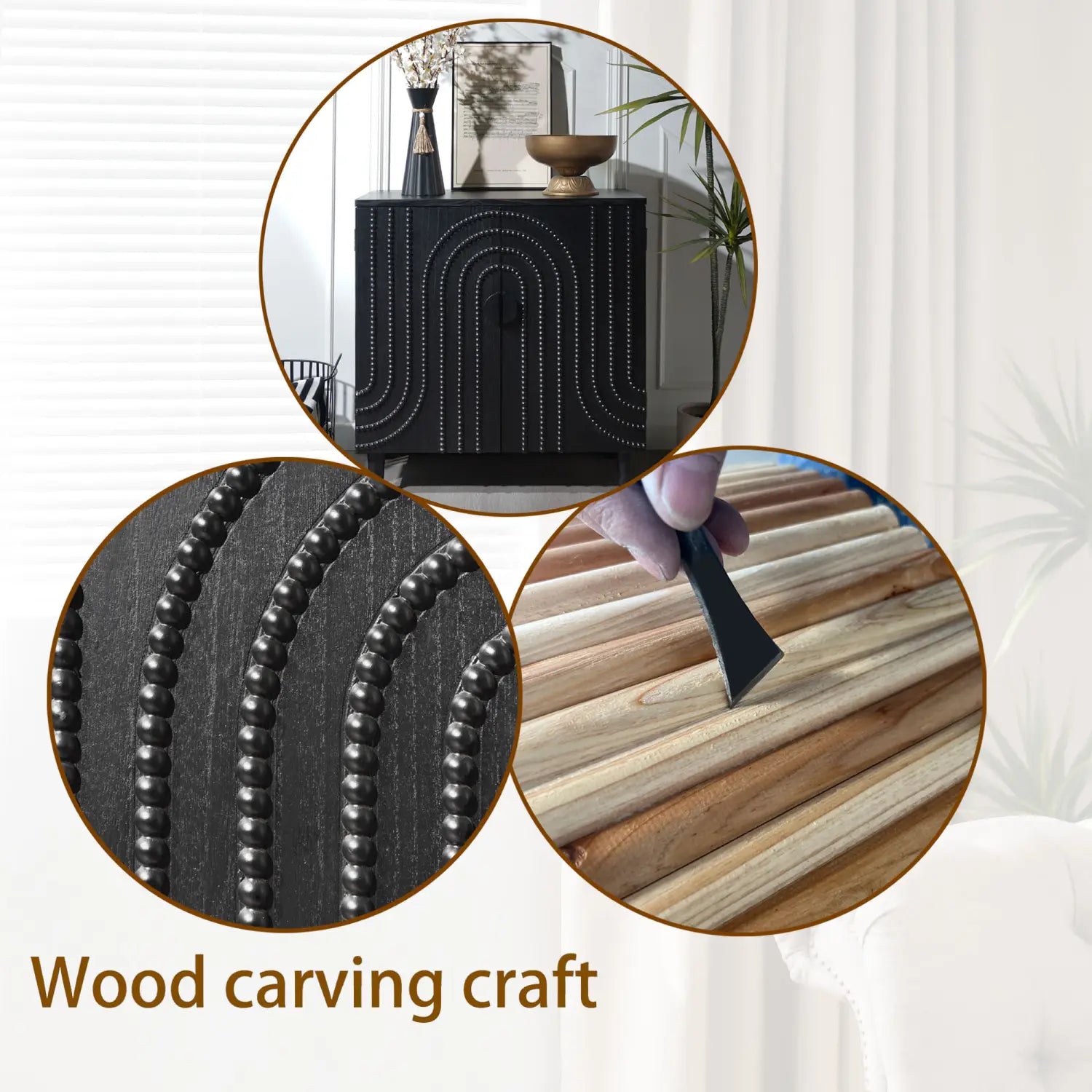 Black wood storage cabinet with arched beaded door featuring a curved bead-studded design for elegant sideboard use.