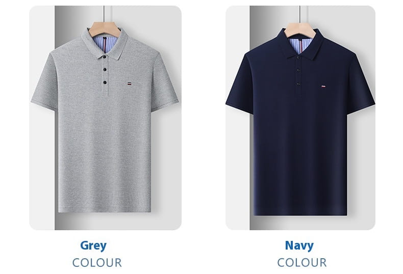 Herren-Poloshirts mit kurzem Ärmel in Grau und Dunkelblau mit geknöpftem Kragen und kleinem Logo auf der linken Brust – perfekt für lässige Sommerbekleidung