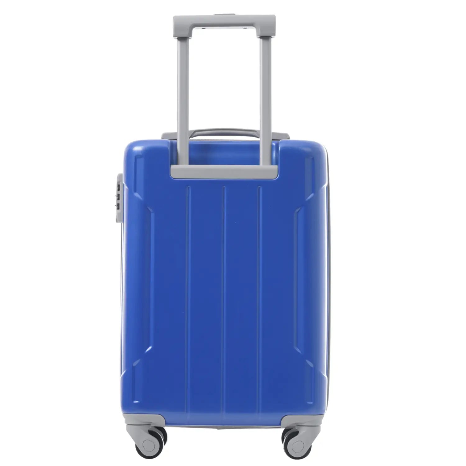 Blue hard-shell 20 inch carry on suitcase with gray telescoping handle and wheels from the 3 piece dazzling blue hardshell luggage set.