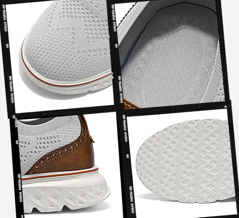 Men’s mesh knit casual lightweight sneaker in white with brown leather accents and a textured rubber sole.