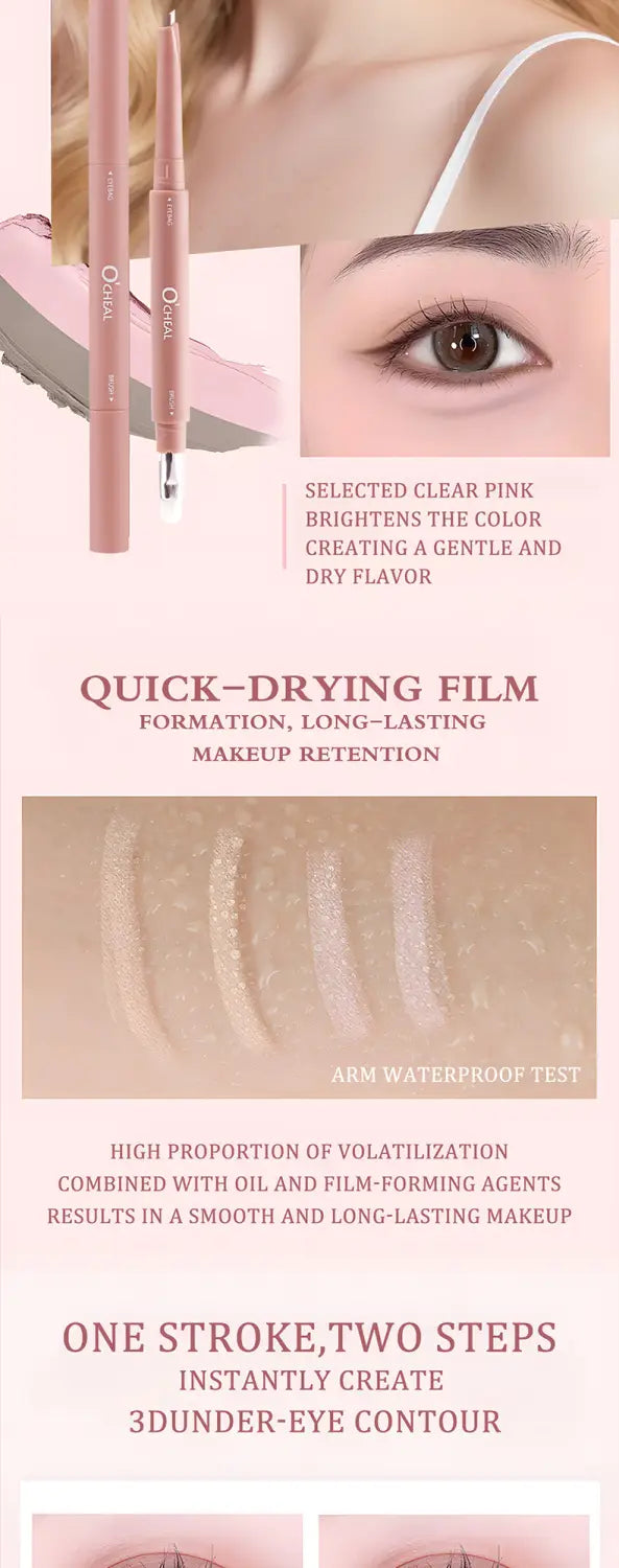 pink eyebrow pencil with a sleek cylindrical design and a fine tip for precise application featured in the rose gold dual ended eyeshadow and silkworm pen product