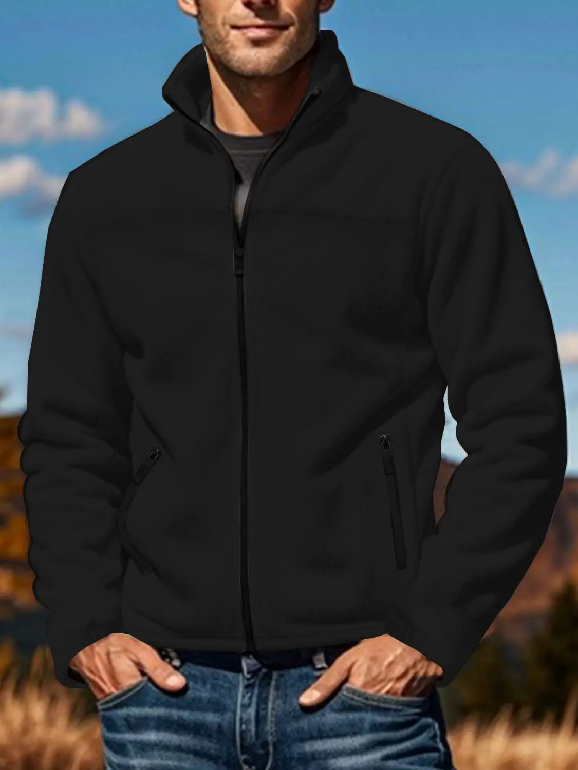 Chaqueta polar para hombre de cierre completo con cuello alto en color negro, con cuello alto y bolsillos laterales, confeccionada con material de forro polar cálido