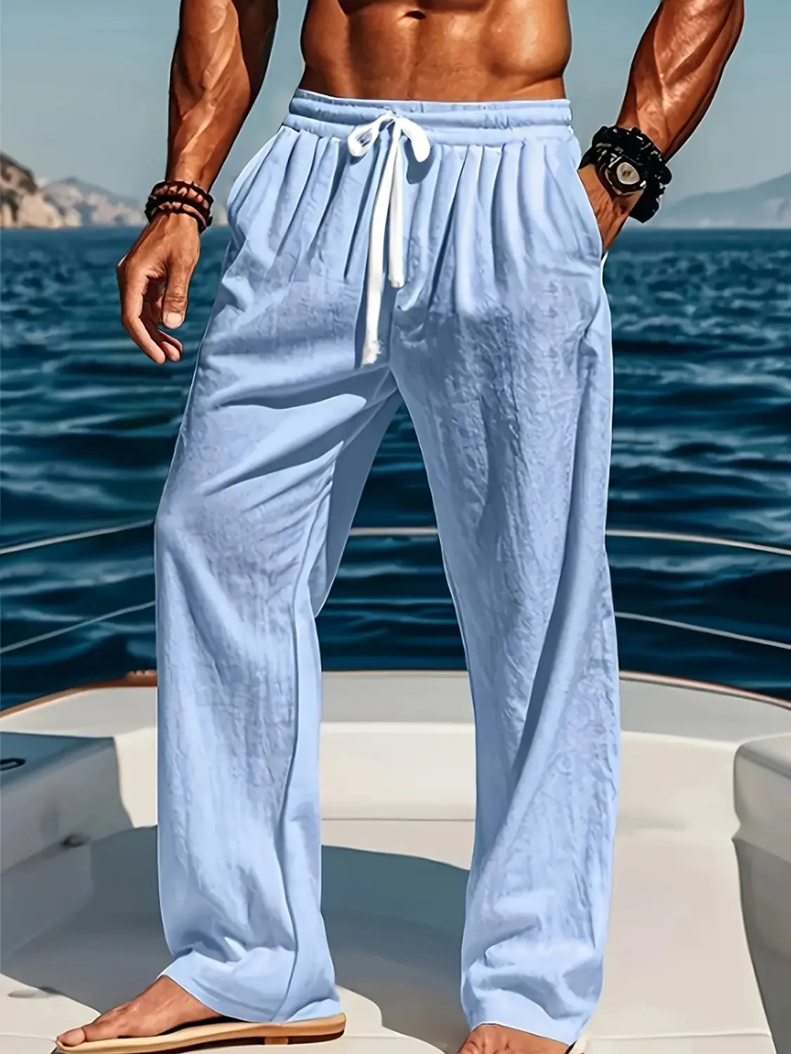 Pantalon décontracté en lin décontracté bleu clair pour hommes, ample, avec une ceinture à cordon de serrage blanc.