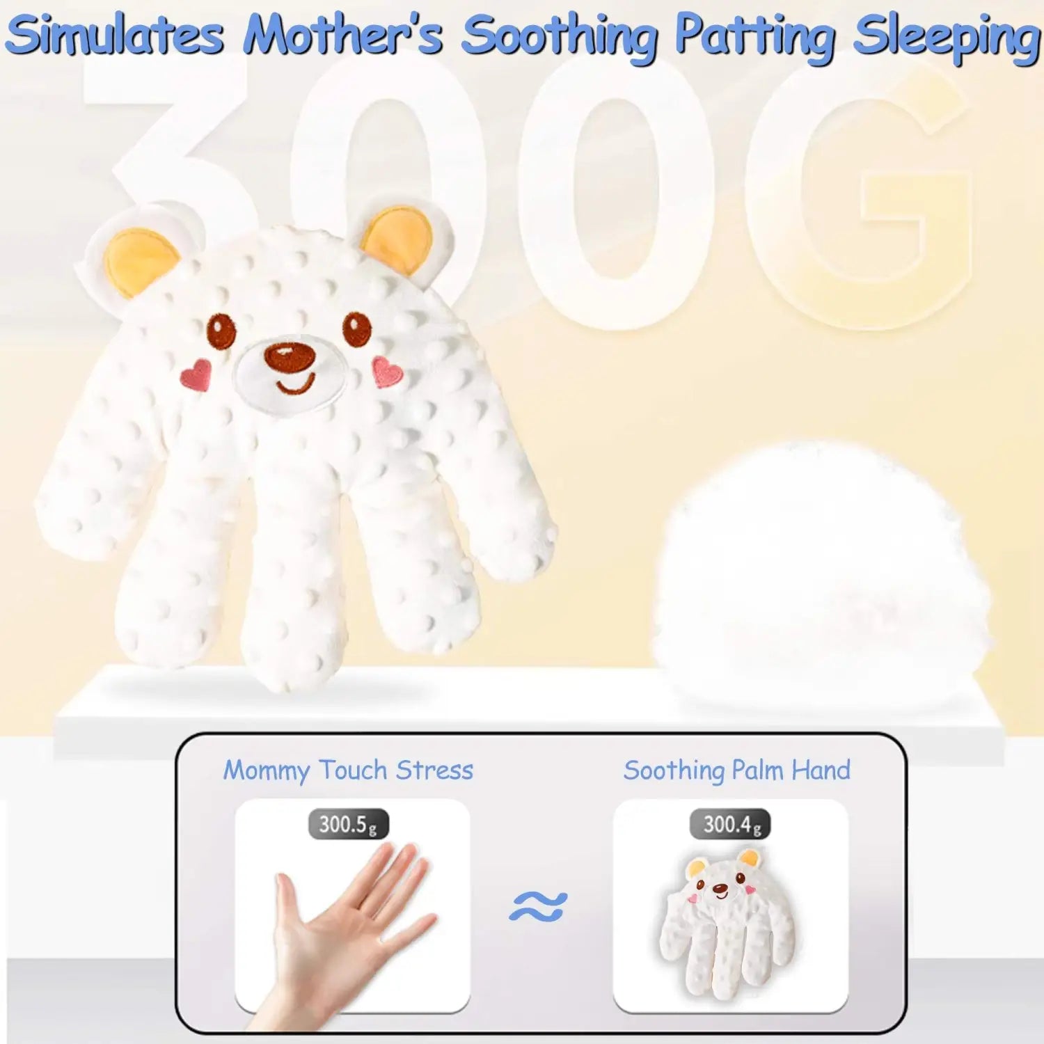 white plush bear-shaped electric baby soothing palm automatic patting toy with textured surface and orange inner ears