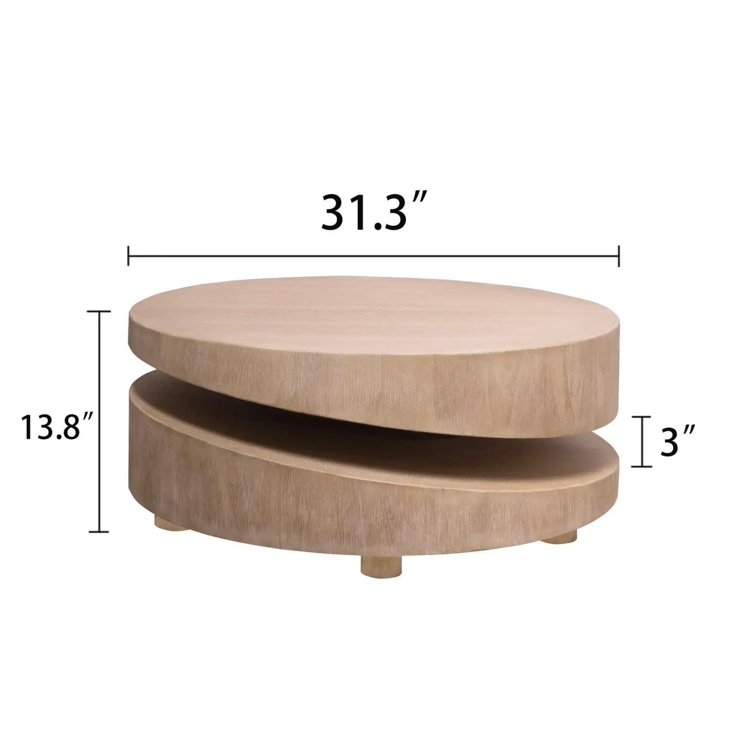 Mesa de centro redonda de madera de 31 pulgadas con acabado natural, diseño circular de dos niveles en madera clara y cuatro patas cortas para acento y almacenamiento.