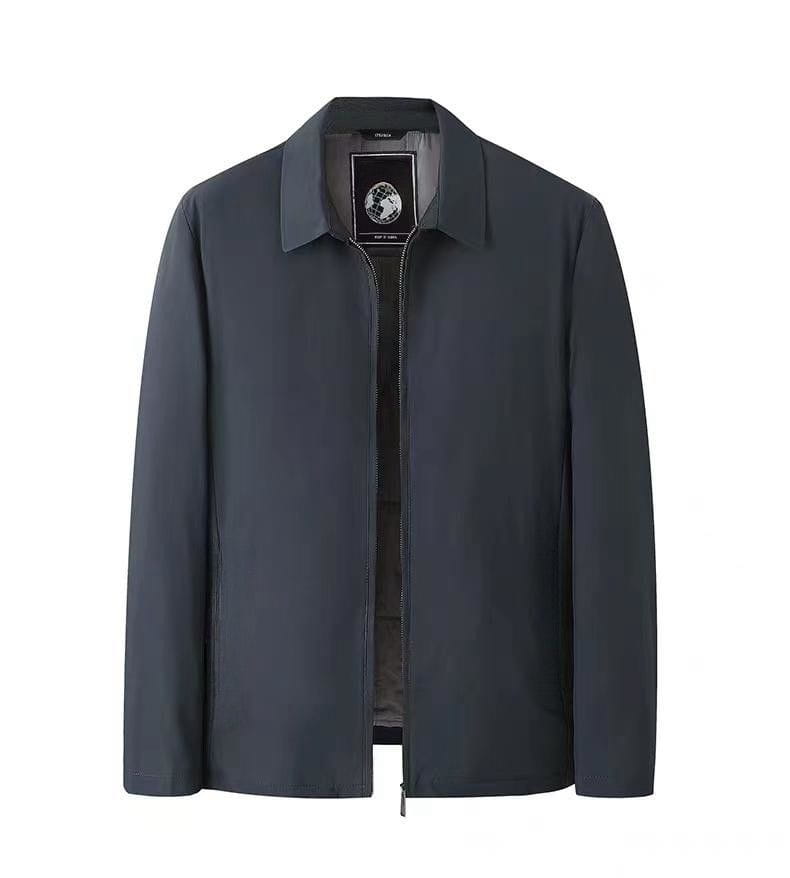 Dark gray men’s cotton padded winter coat with a structured collar and subtle stitching details.
