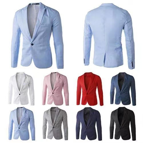 Une collection de blazers pour homme à coupe ajustée, de couleurs unies, dont le bleu marine, présentant un style décontracté à simple boutonnage.