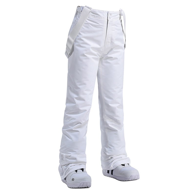 Men waterproof thermal snow pants in white featuring adjustable straps and a sleek waterproof design.