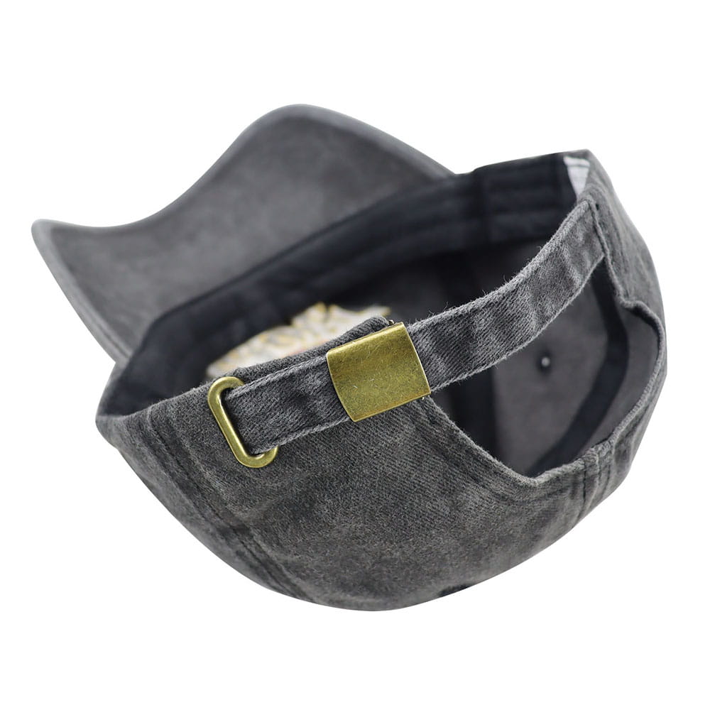 Dark gray denim Faith Cross distressed vintage baseball cap featuring a brass-colored buckle and adjustable strap shown from the back side.