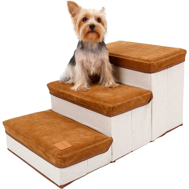 brown suede-covered foldable dog stairs with white fabric sides designed as plush pet steps with 25kg capacity