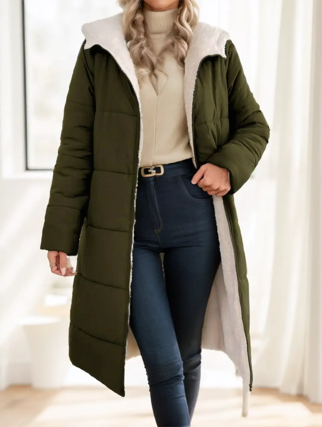 Women winter hooded quilted coat in olive green with a plush white shearling-lined hood and interior designed for cold weather.