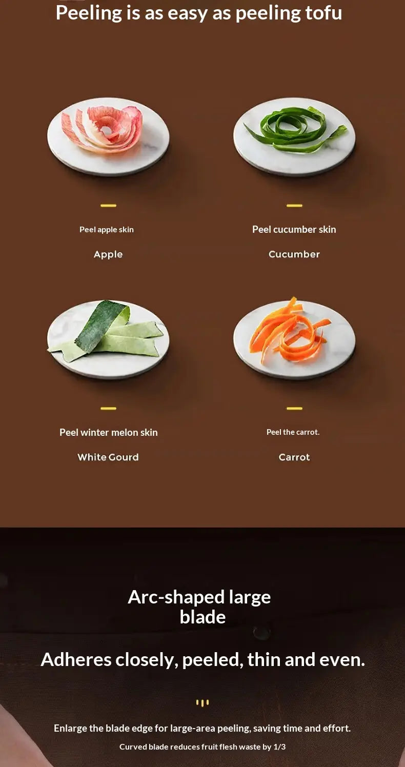 The image displays a stainless steel vegetable peeler with a wood handle featuring a sleek arc-shaped blade designed for effortlessly peeling fruits and vegetables.