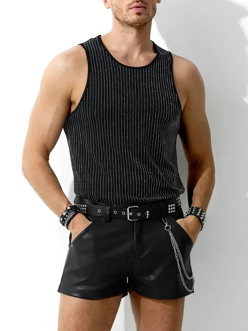 Black pinstripe tank top with subtle shimmering vertical stripes paired with men faux leather shorts glossy slim fit black.