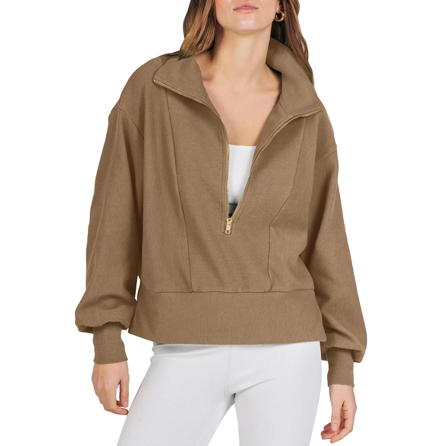 A cozy camel-colored ribbed knit half-zip pullover sweatshirt with a relaxed fit and gold-toned zipper detailing.