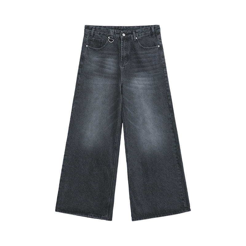 Dunkelgraue Jeans aus Denim mit weitem Bein mit verwaschenem Finish und silberfarbenen Beschlägen, mit einem Retro-Used-Look-Design.