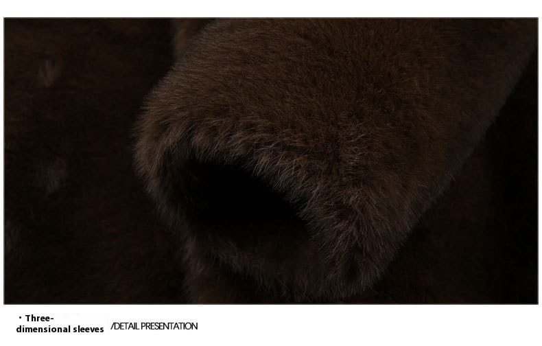 Men’s furs shearling double breasted winter coat with dark brown plush faux fur sleeve featuring a soft textured surface.