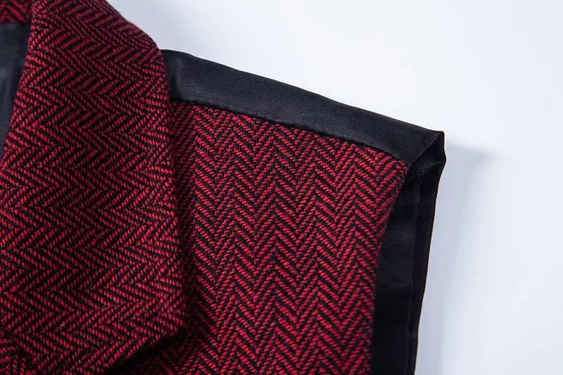 Chaleco de traje tipo sastre doble abotonado de espiga para hombre en tela roja con patrón de espiga y ribete de satén negro