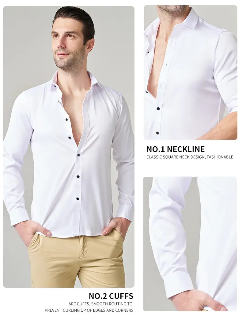 Langärmliges Slim-Fit-Hemd aus Stretch-Satin für Herren in Weiß mit klassischem eckigem Ausschnitt und Bogenmanschetten.