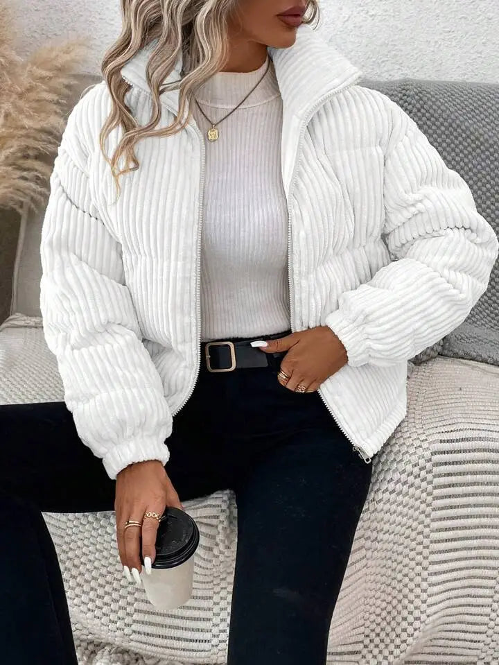 White corduroy puffer jacket with ribbed texture and high collar for plus size women winter coat.