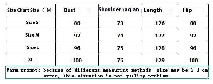 Size chart for a printed v-neck geometric wrap midi dress showing women’s top measurements in centimeters including bust shoulder raglan length and hip sizes.