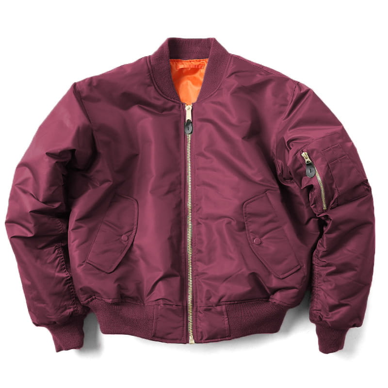 Men’s pilot cotton bomber jacket in maroon with orange lining and gold-toned zipper hardware.