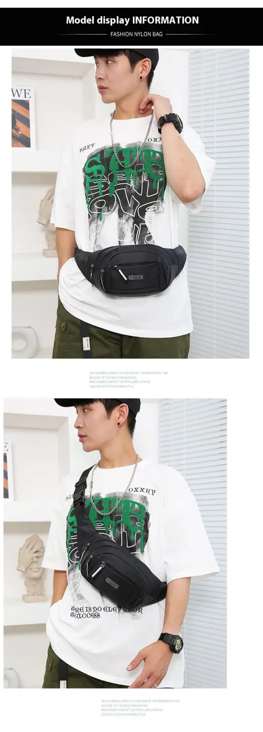 Black nylon men’s waterproof multifunctional crossbody waist bag with a sleek minimalist design and subtle branding on the front.