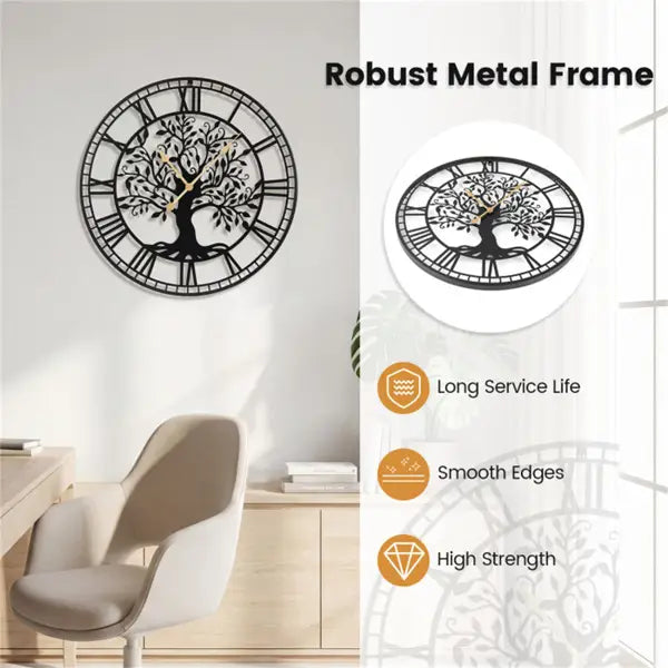 Horloge murale en métal noir avec un design « Arbre de vie » et des chiffres romains, mesurant 27 pouces de diamètre.