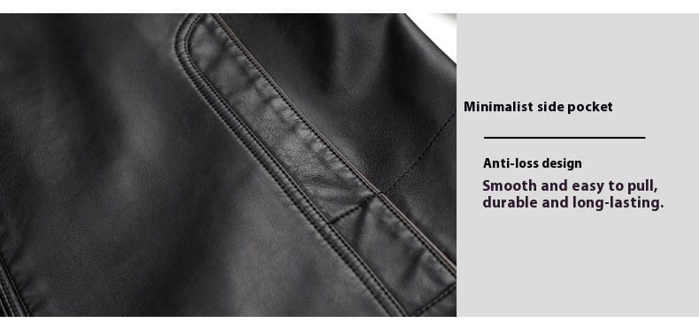 men’s sheepskin leather jacket with thin fleece lining featuring a black leather minimalist side pocket with precise stitching and anti-loss design