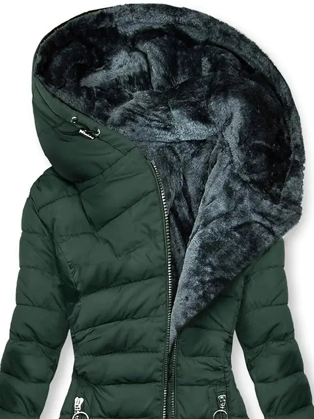 Dark green quilted puffer jacket with a plush faux-fur-lined hood designed for winter wear.