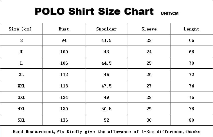 Kontrastierte Größentabelle für Herren-Poloshirts mit schwarzer Schrift auf weißem Hintergrund, die Messwerte für die Größen S bis 5XL zeigt