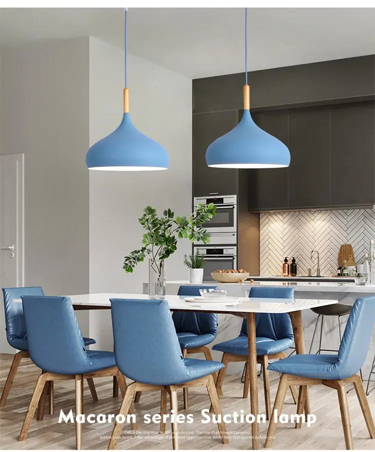 Blue macaron series suction lamp with wooden accent and sleek modern design featured in nordic macaron LED pendant light with wood accent.
