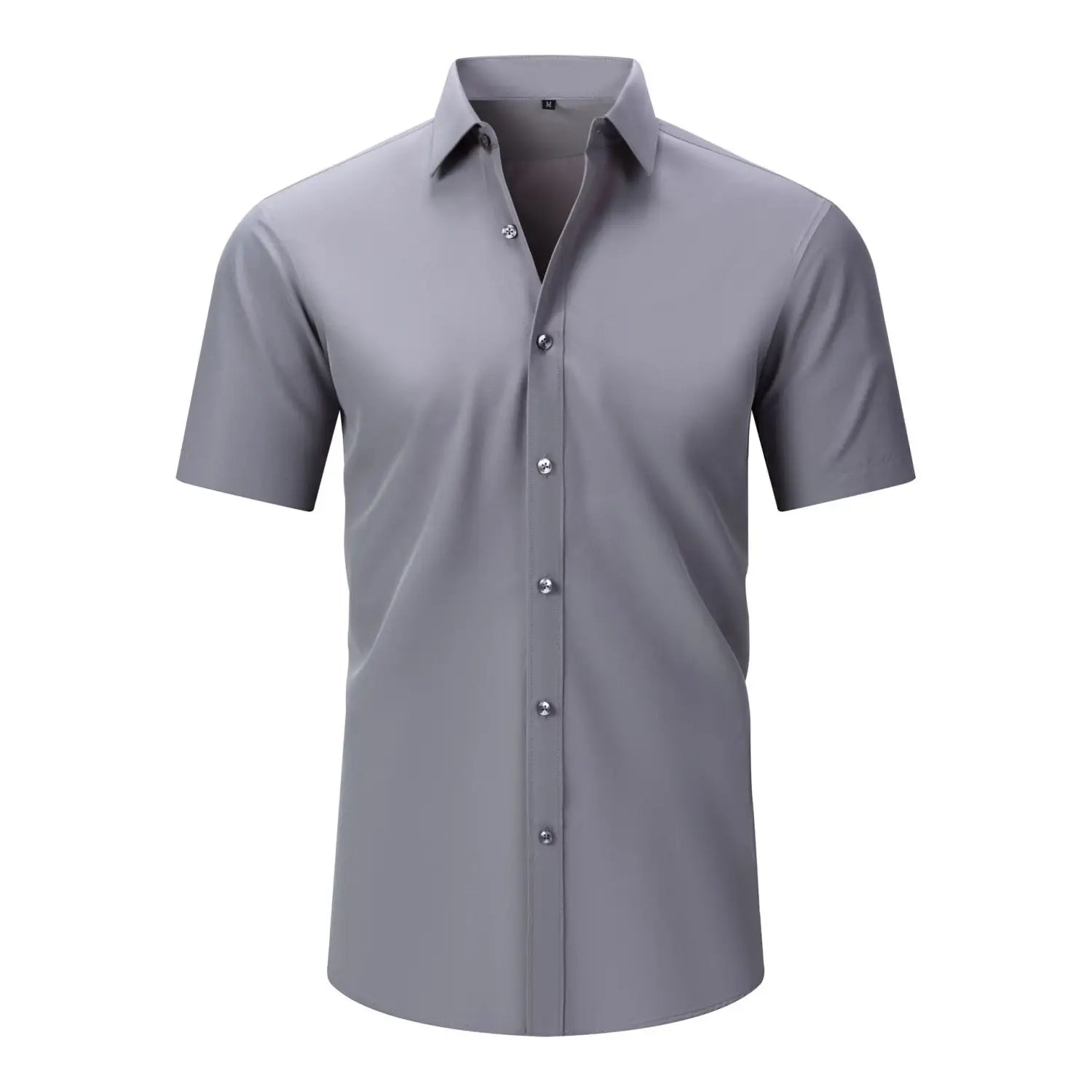 Ein elegantes graues Herren-Nichtbügeln-Stretch-Langarmhemd mit Kurzarm, formstabilem Kragen und silbernen Knöpfen.