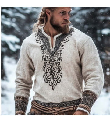メンズのリネン・デジタルプリント・半袖Tシャツのコレクションに掲載された、複雑な黒の刺繍模様と精細なカフスを備えるベージュのリネン長袖シャツです。