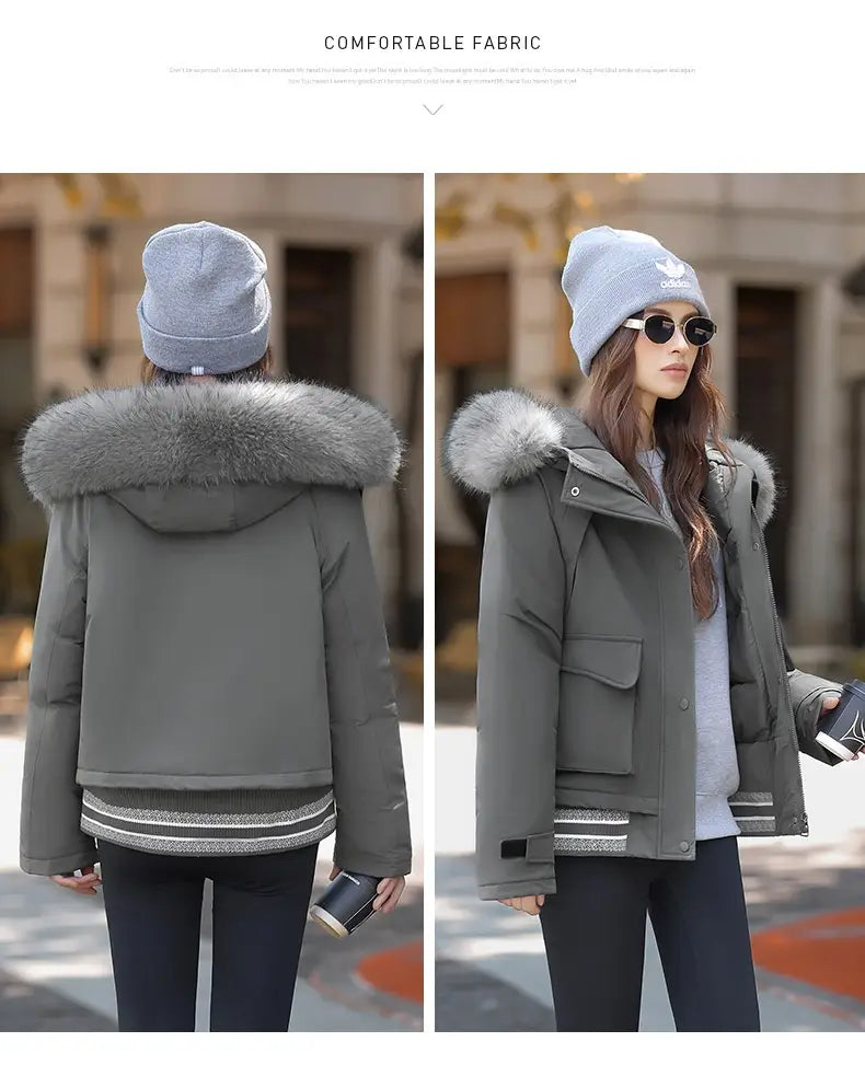 gray faux fur collar puffer jacket with fluffy gray fur-lined hood and striped cuffs designed for cold weather.