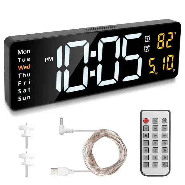 Black led digital wall clock with white illuminated led display showing time day of week temperature and date featuring remote control and 10 brightness levels.