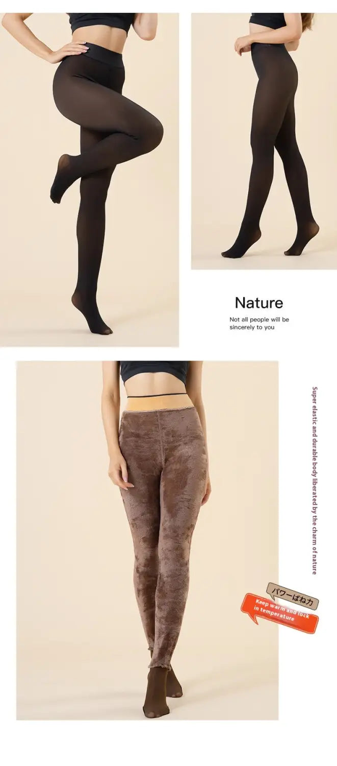 Braune Samt-Optik warme fleecegefütterte transparente Strumpfhosen-Leggings mit dezisem Muster, wie von der Rückseite dargestellt