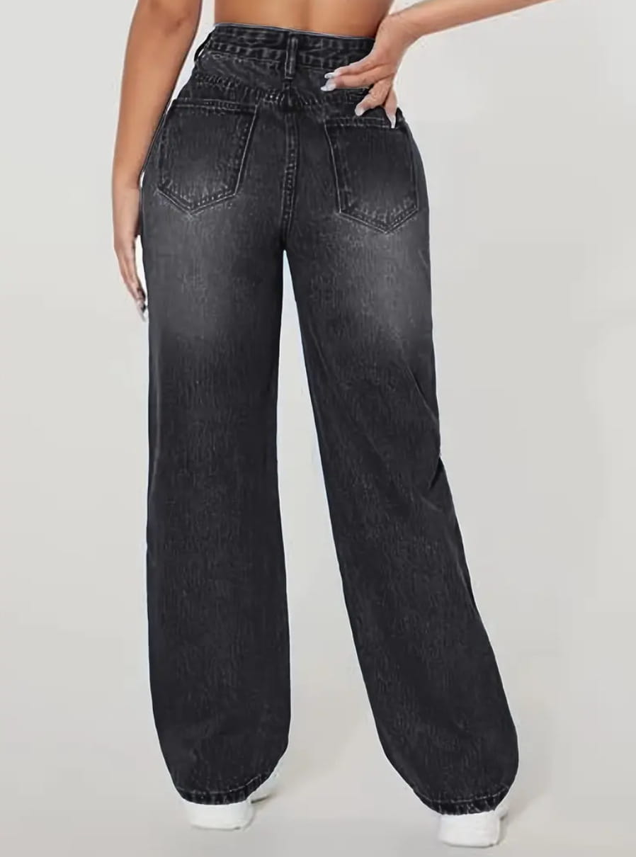 High-waisted black denim jeans with a faded distressed finish and wide-leg cut made from durable denim material.