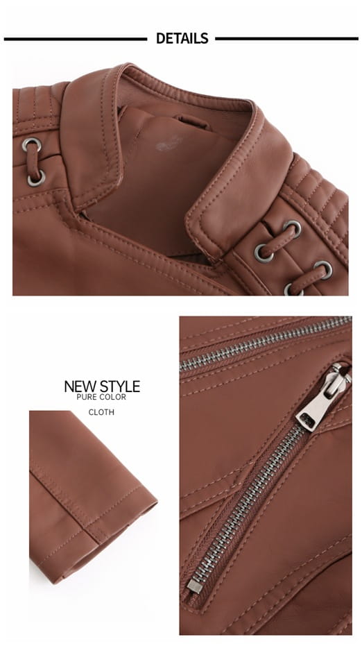 Damen-Slim-Fit-Braune Faux-Leder-Motorradjacke mit silberfarbenen Reißverschlüssen und Metallösen zum Verschnüren.
