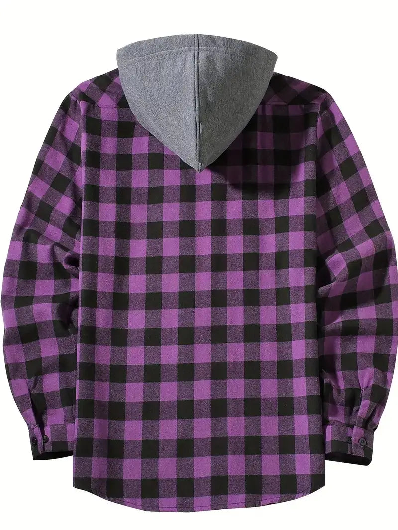 Men’s plaid hooded flannel shirt in purple and black with a gray fleece-lined hood featuring soft flannel material for warmth and comfort.