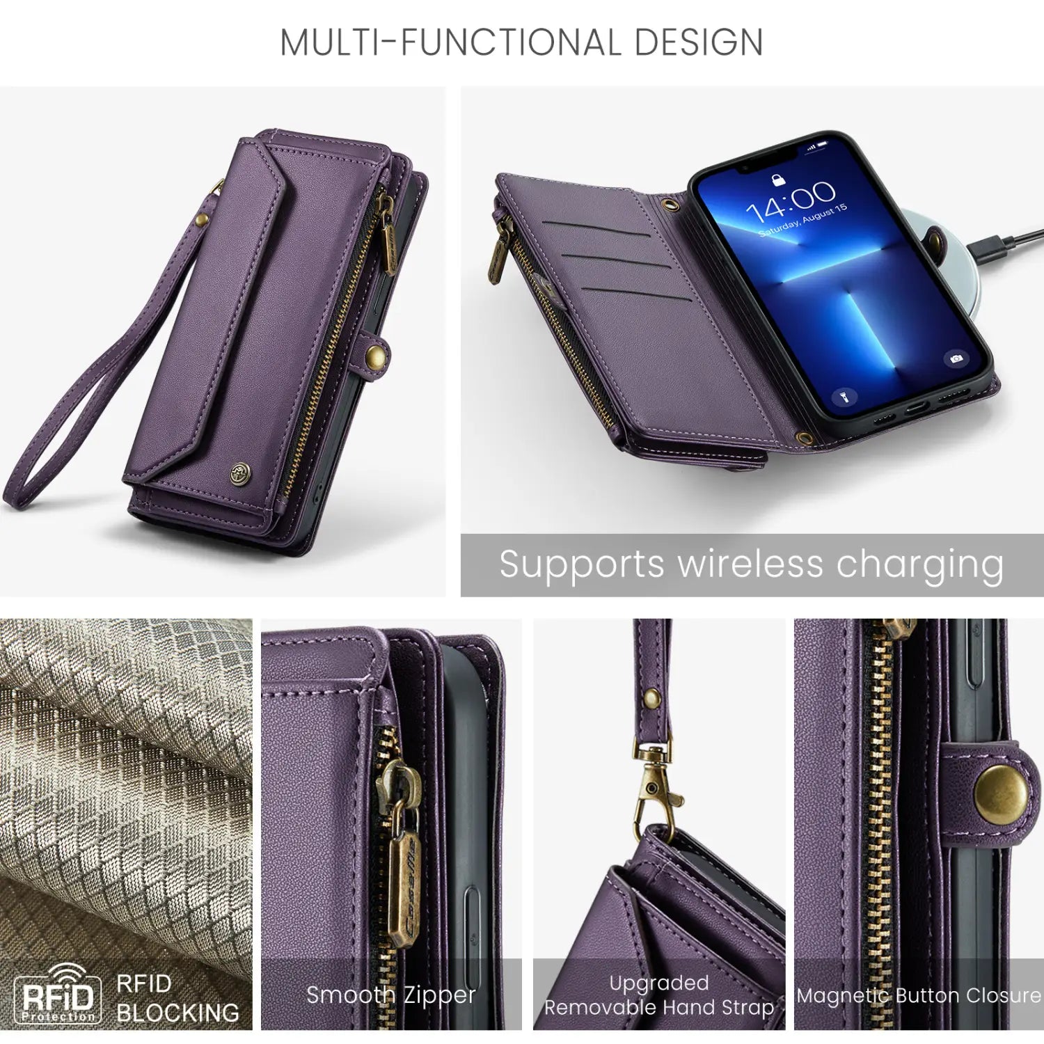 Purple leather phone wallet featuring gold-tone zippers and a removable wrist strap for convenient carrying.
