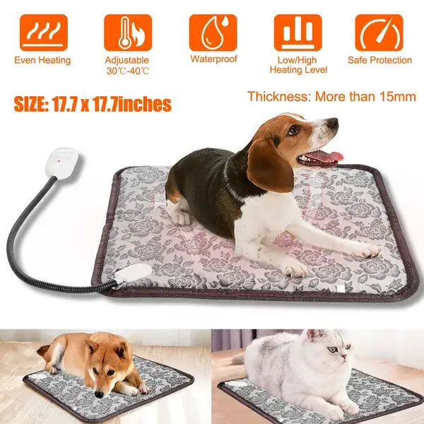 A rectangular pet heating pad with a floral pattern in soft pink and gray featuring waterproof material and adjustable temperature control.