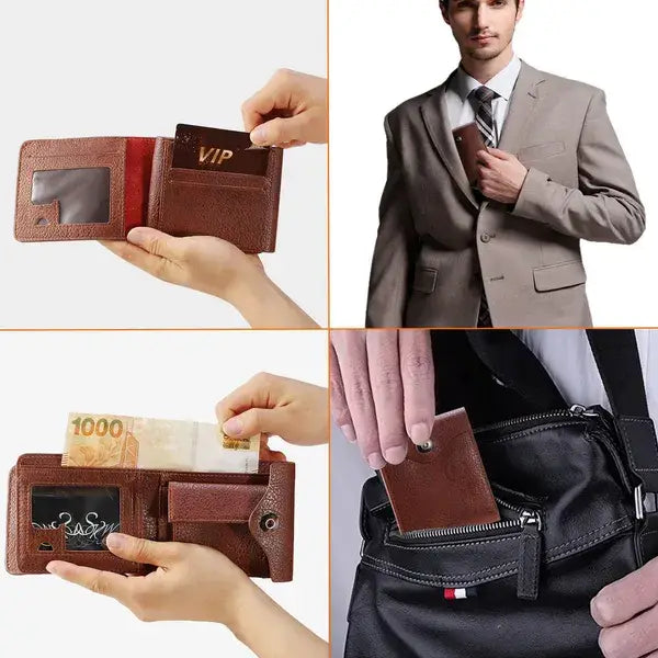 Men’s RFID blocking brown pu leather bifold wallet with multiple compartments and zipper closure.