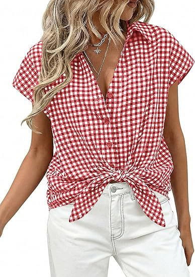 Red and white gingham short-sleeved plaid button up blouse with front knot made of lightweight fabric for casual wear.