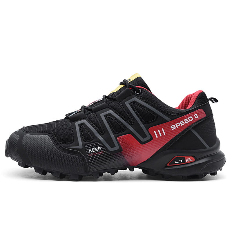 Black and red men’s trail running shoe with breathable textured mesh upper, rubber outsole, and bold speed 3 branding on the side.
