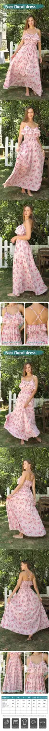 a flowing long-sleeved pink floral ruffled maxi dress with a gathered fitted bodice and an elegant a-line skirt