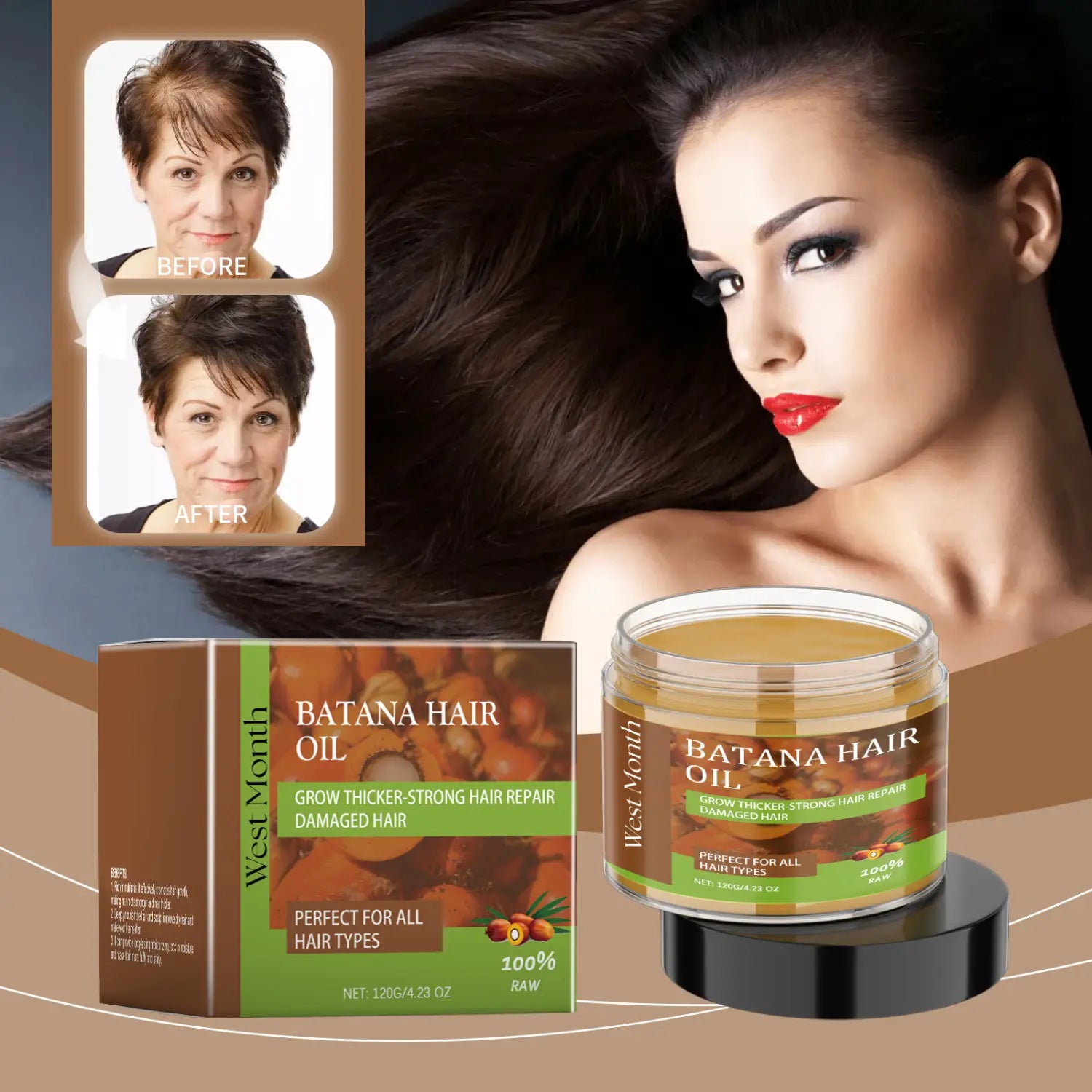 Un bocal en verre contenant l’huile de batana West Month et le traitement réparateur à la kératine pour les cheveux, avec une étiquette brune et verte, renfermant une huile brun doré à l’intérieur.