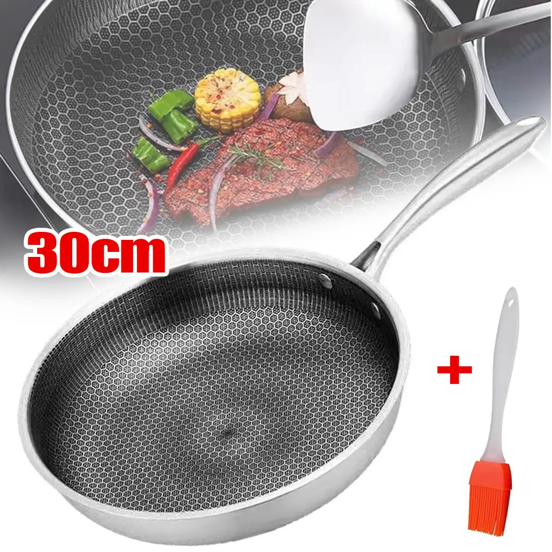 30cm stainless steel hex non stick induction frying pan with a hexagonal mesh cooking surface in silver color.