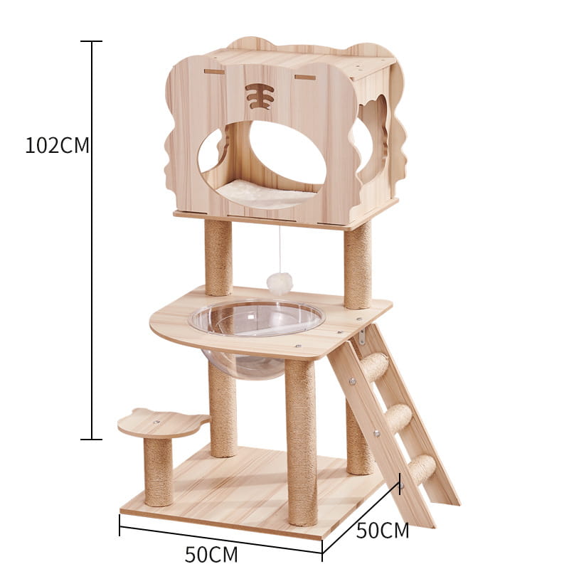 Light-colored wooden cat tree scratching post and condo featuring a lion-shaped top platform, sisal rope wrapped scratching posts, and a clear glass bowl on the middle level.
