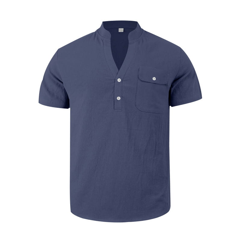 Marineblaues Herren-Leinenhemd im lässigen Stil mit kurzem Ärmel, mit Mandarin-Kragen und Brusttasche, von vorne dargestellt.